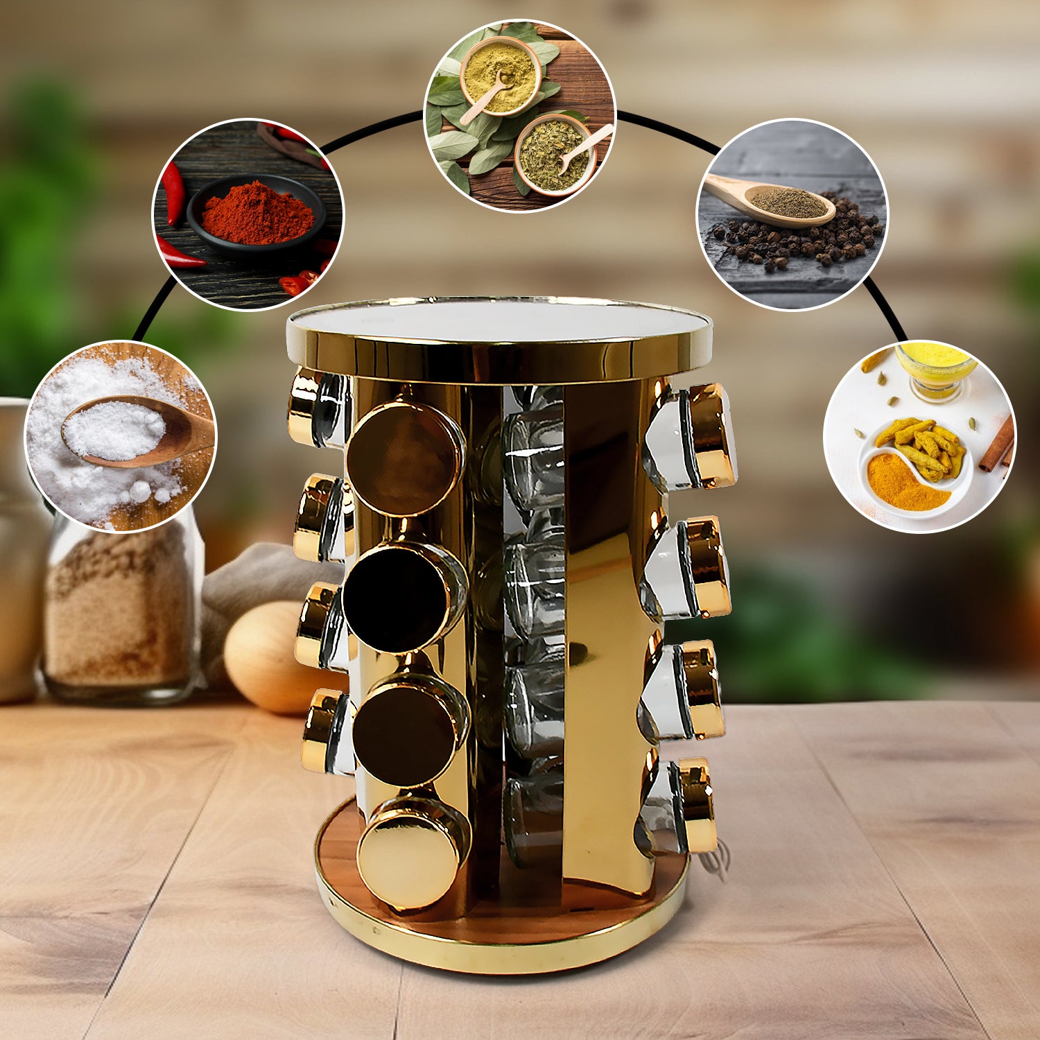 LED Rotating Spice Rack With Free 16 Seasoning Jars (Golden 16 Pc MOQ - 6 Pc)