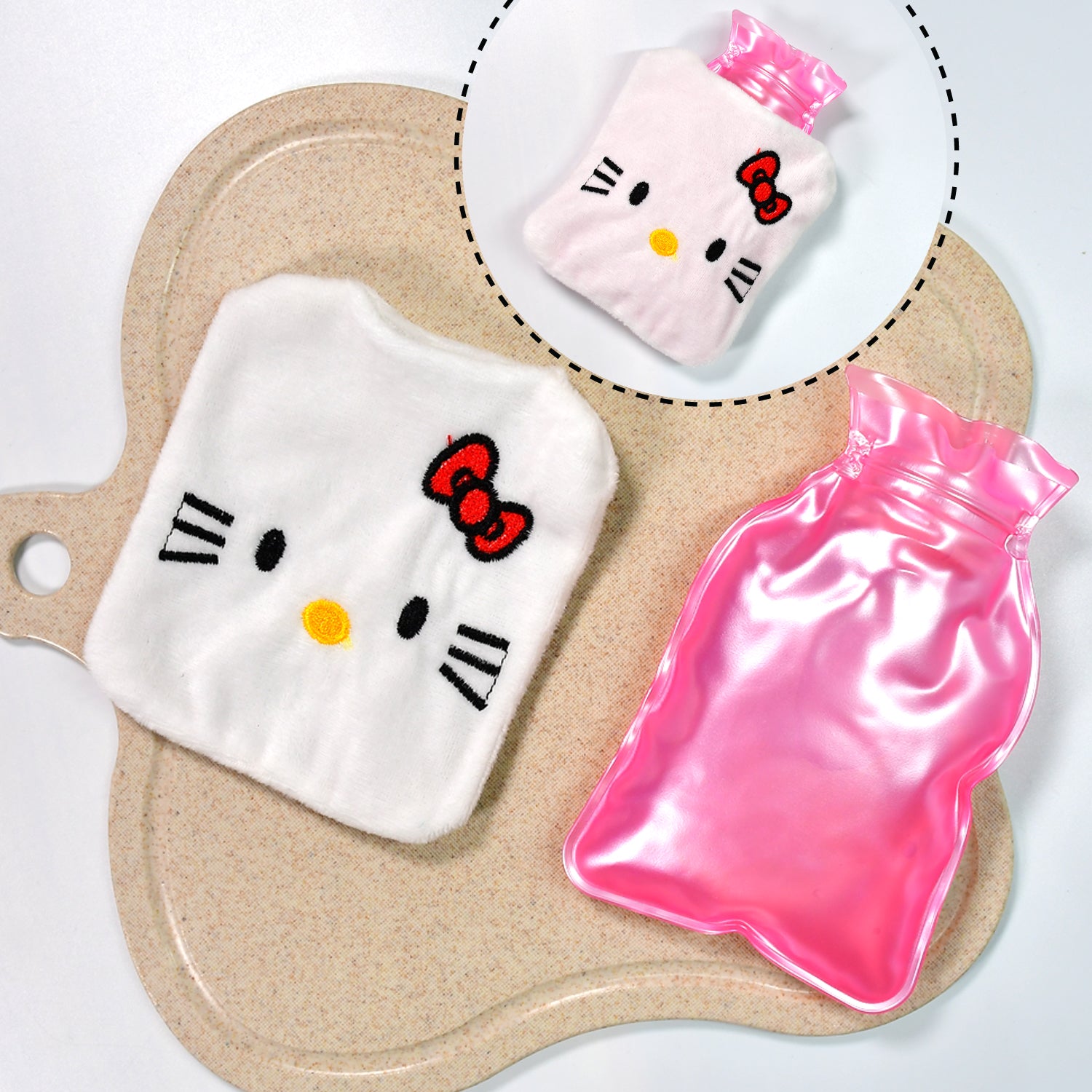White Hello Kitty Small Hot Water Bag With Cover For Pain Relief