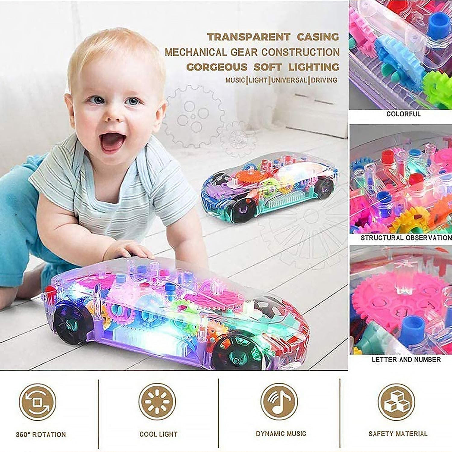 Automatic 360 Degree Rotating Transparent Gear Concept Car With Musical And 3D Flashing Lights Toy For Kids Boys Girls (Multicolor Battery Not Included)