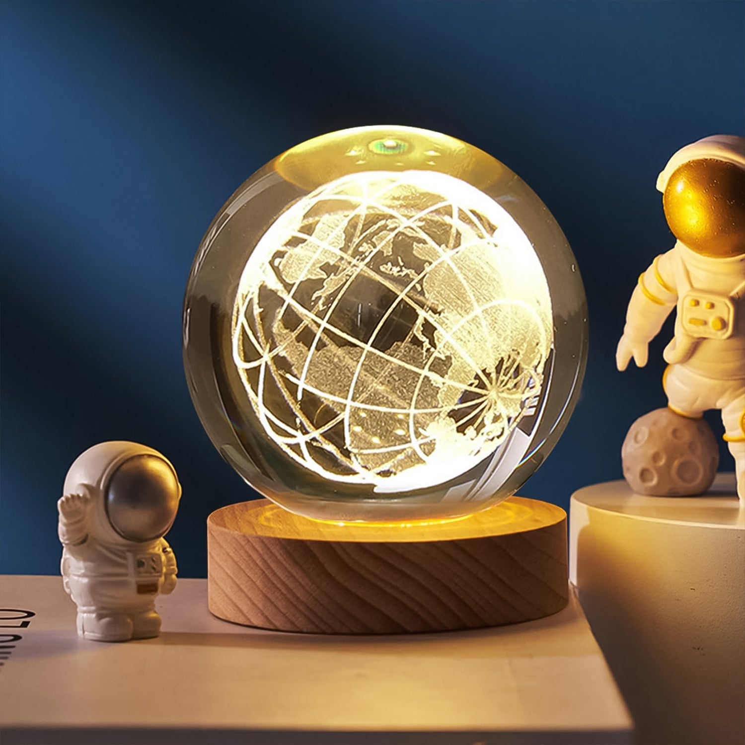 World 3d Crystal Ball Lamps With Wood Base (1 Pc)