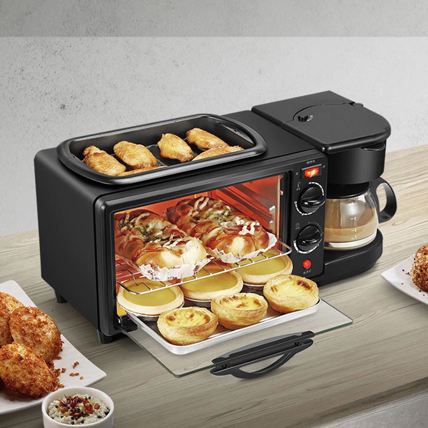 3 In 1 Breakfast Maker Portable Toaster Oven Grill Pan  Coffee Maker Full Breakfast Ready At One Go