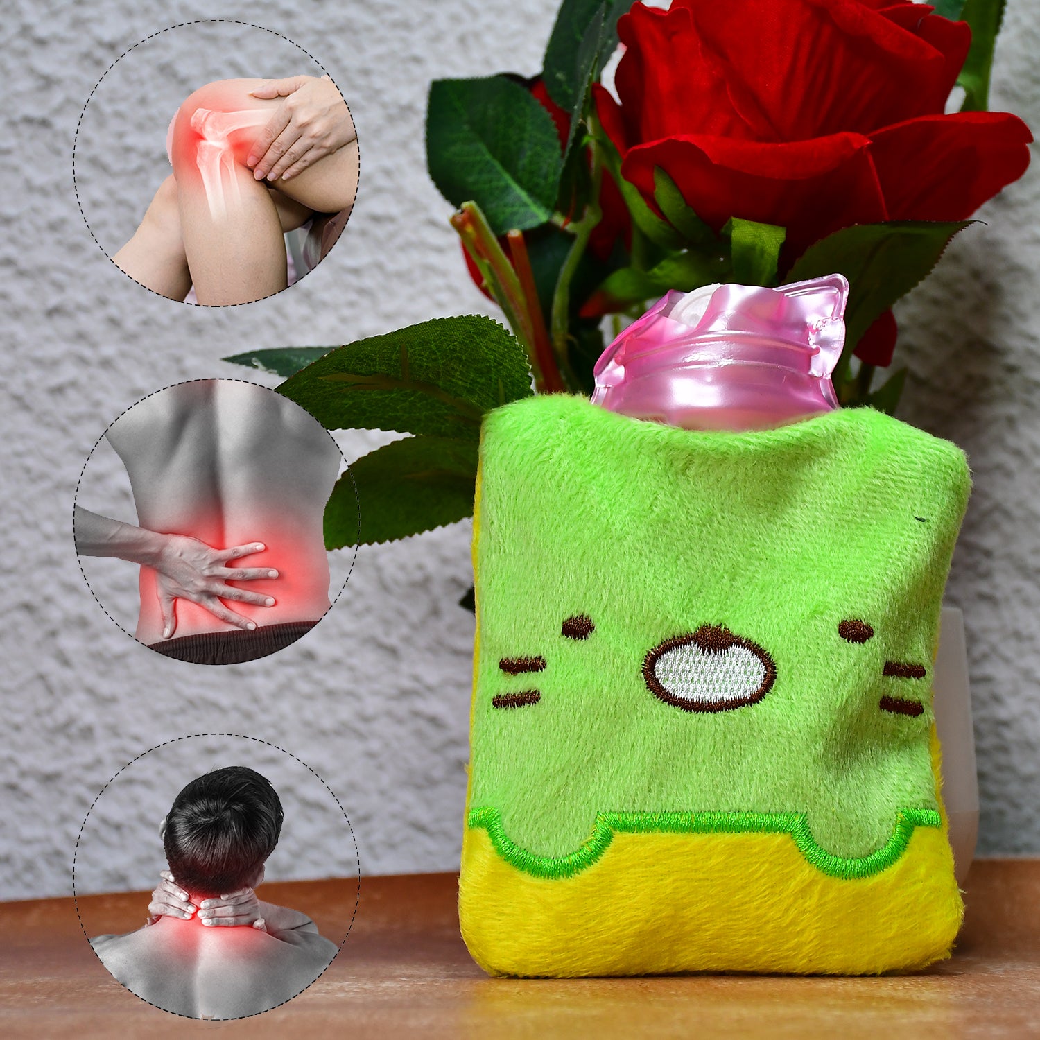 Green Kitty Small Hot Water Bag With Cover For Pain Relief